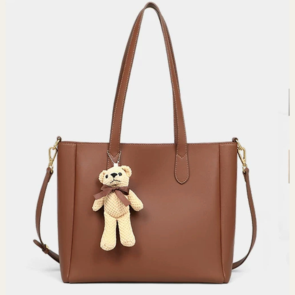 VINEY Leather Commuter Tote Bag with Bear Charm in caramel