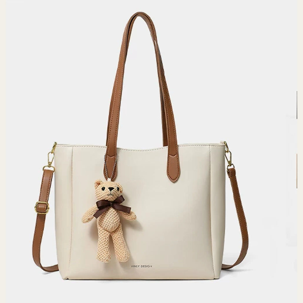 VINEY Leather Commuter Tote Bag with Bear Charm in beige