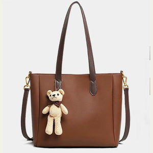 VINEY Leather Commuter Tote Bag with Bear Charm in coffee
