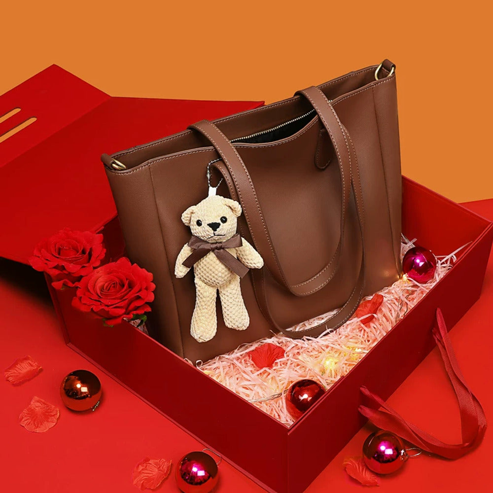 VINEY Leather Commuter Tote Bag with Bear Charm in caramel, gift box