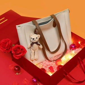 VINEY Leather Commuter Tote Bag with Bear Charm in beige, gift box