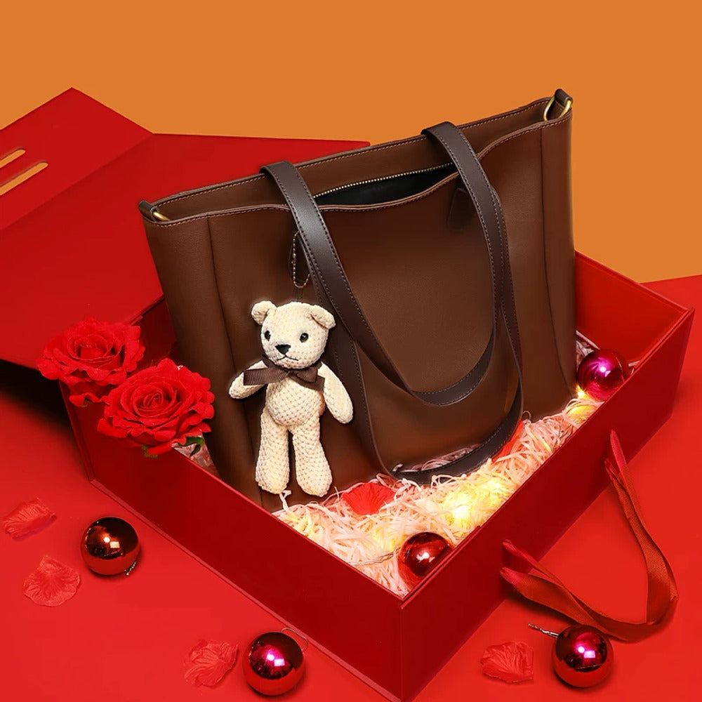 VINEY Leather Commuter Tote Bag with Bear Charm in coffee, gift box