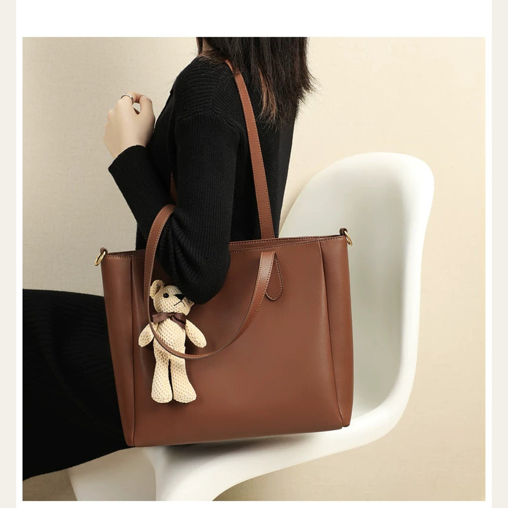 VINEY Leather Commuter Tote Bag with Bear Charm in caramel, shoulder carry