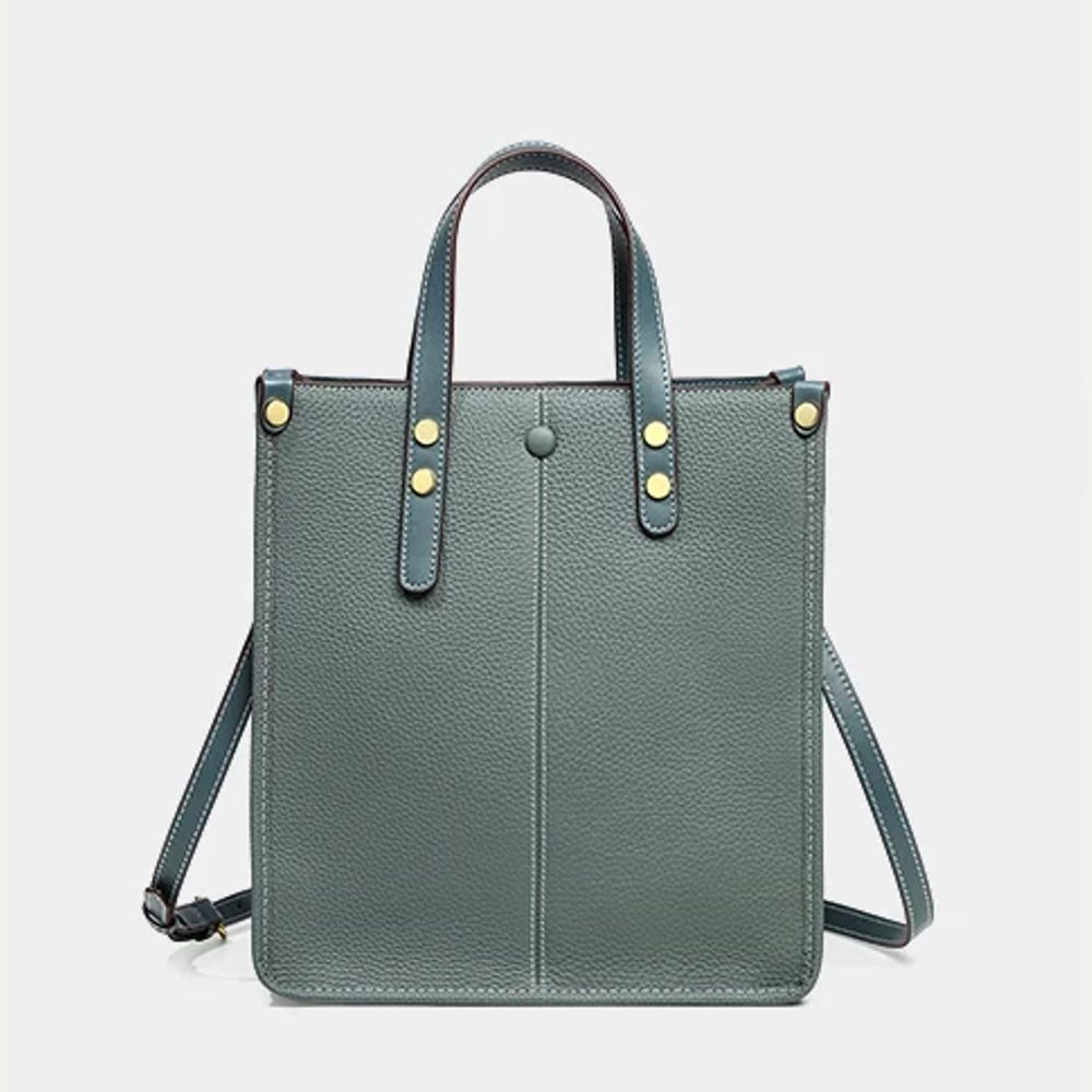 VINEY Leather Convertible Bucket Tote Bag in almond green, front view