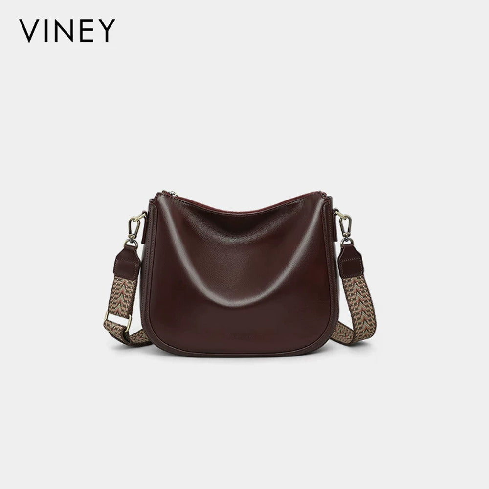 VINEY Genuine Leather Saddle Tote and Crossbody Bag in wine brown