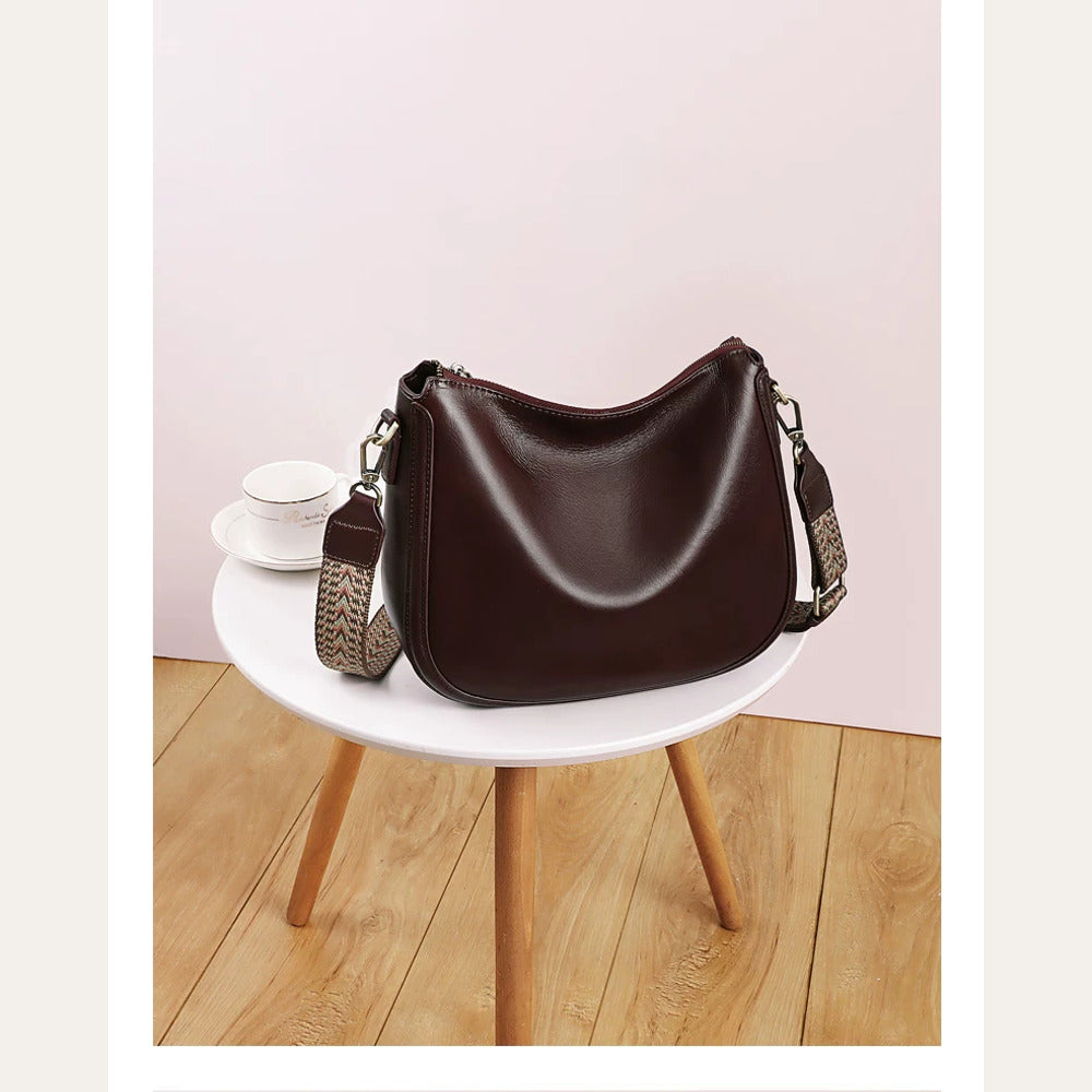 VINEY Genuine Leather Saddle Tote and Crossbody Bag, tabletop view