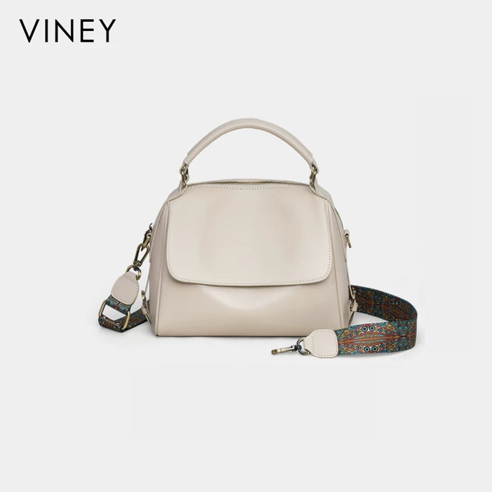 VINEY Leather Top-Handle Tote and Crossbody Bag in beige, front view