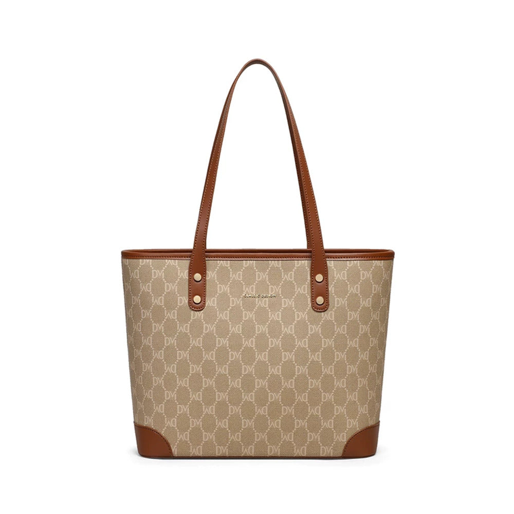 VINEY Monogram Commuter Tote Bag with warm brown trim