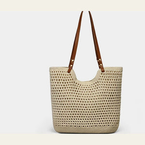 VINEY Open-Knit Resort Tote Bag in beige, front view