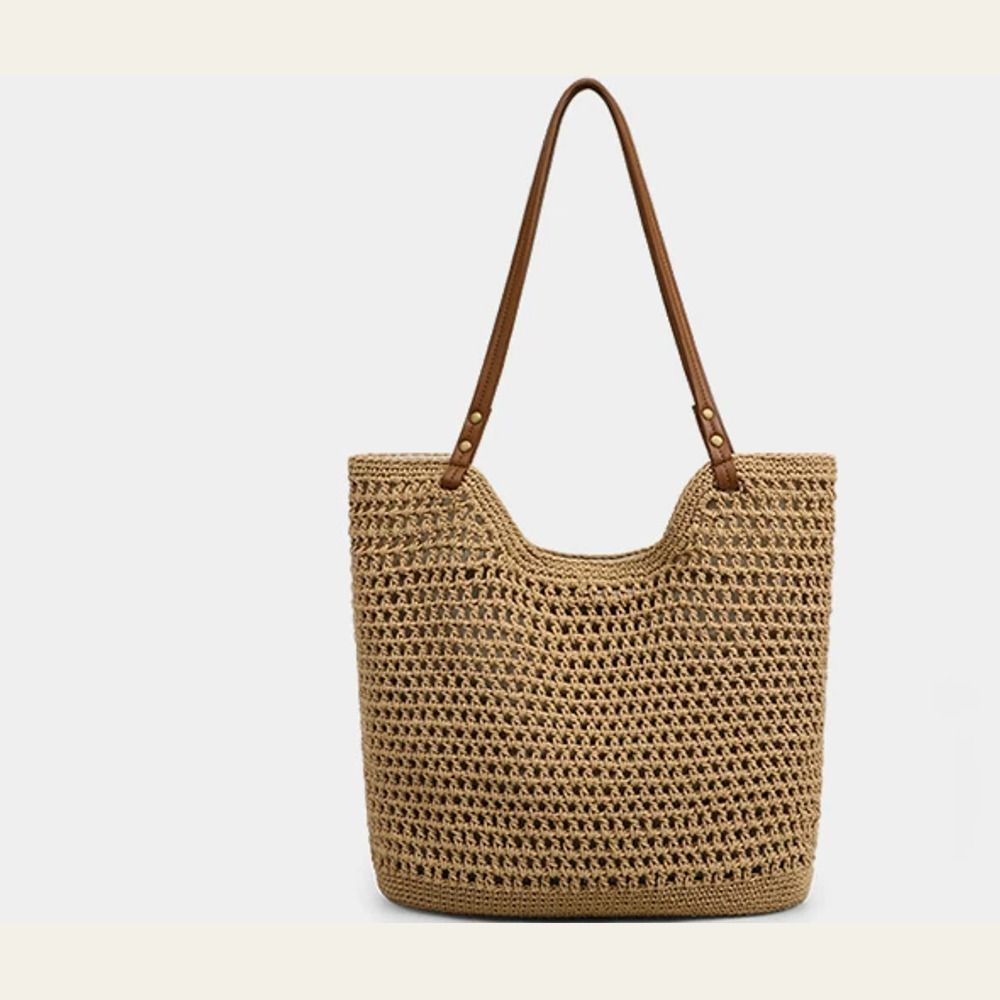 VINEY Open-Knit Resort Tote Bag in khaki, front view