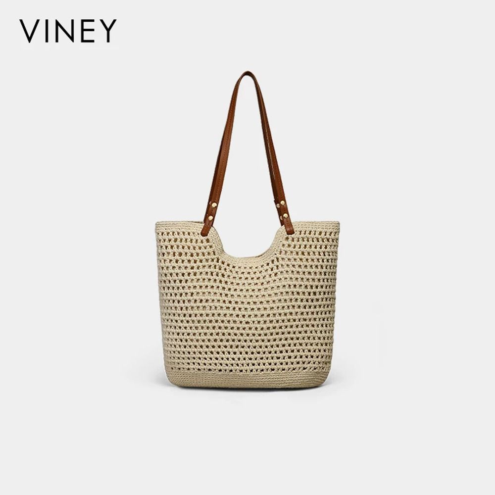VINEY Open-Knit Resort Tote Bag in beige, studio front