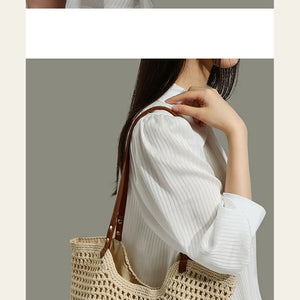 VINEY Open-Knit Resort Tote Bag in beige, close carry