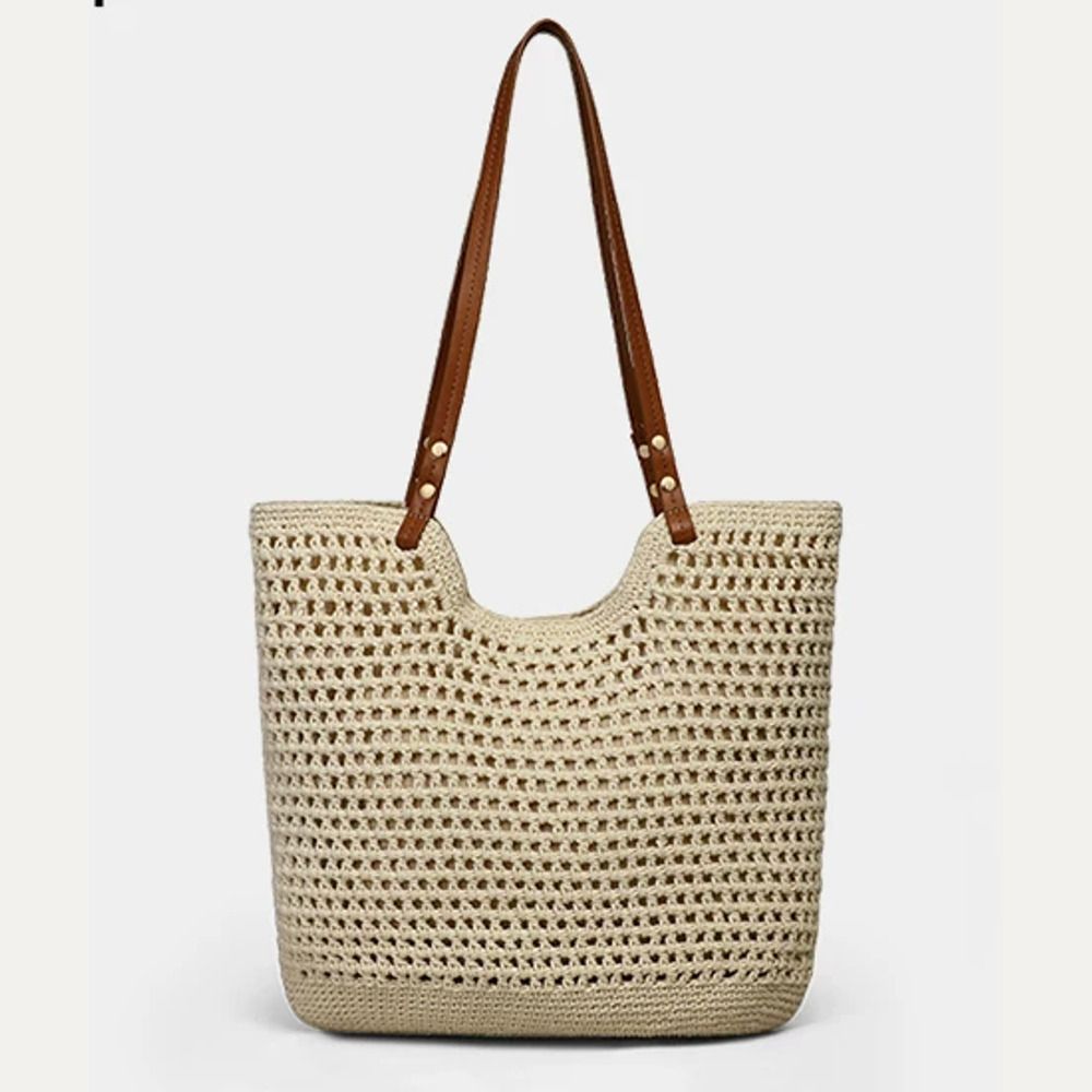 VINEY Open-Weave Beach Tote Bag in beige, front view