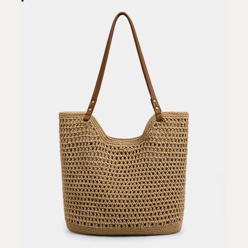 VINEY Open-Weave Beach Tote Bag in khaki, front view