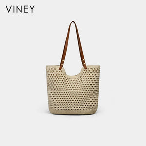VINEY Open-Weave Beach Tote Bag in beige, studio front