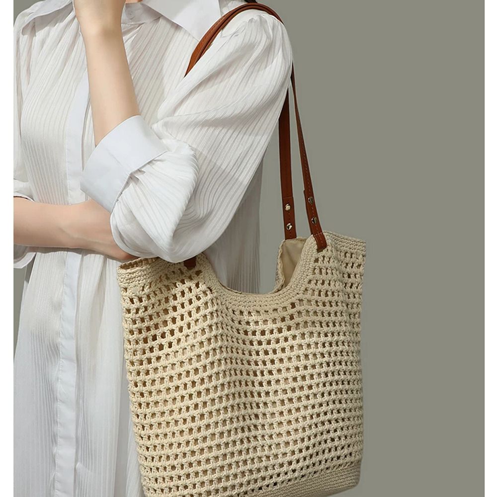VINEY Open-Weave Beach Tote Bag in beige, shoulder carry