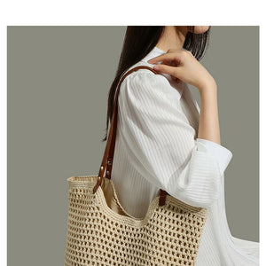 VINEY Open-Weave Beach Tote Bag in beige, close carry