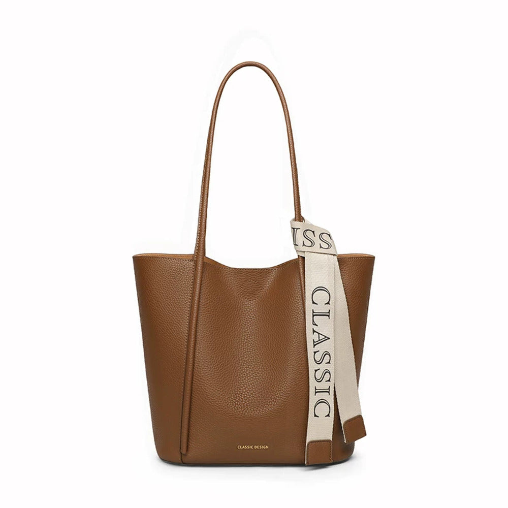 VINEY Pebbled Leather Bucket Tote Bag in warm brown