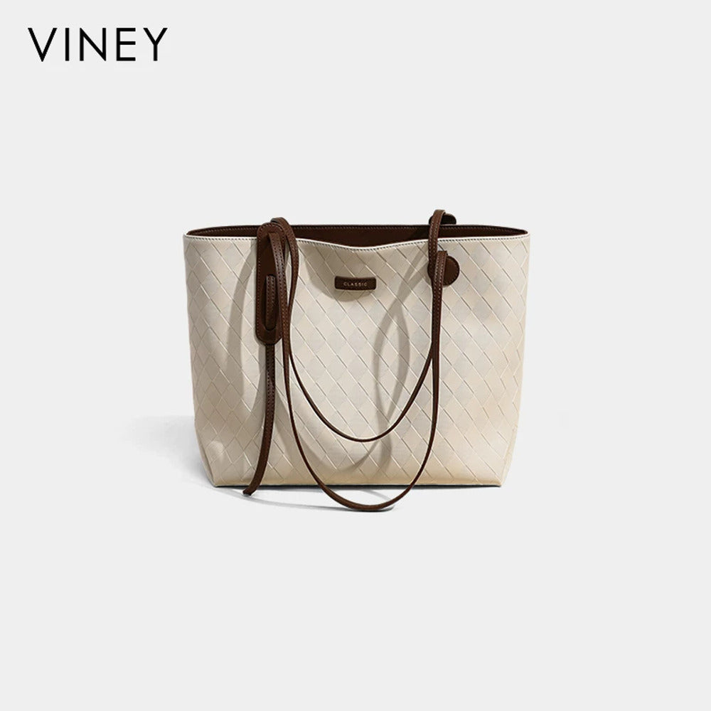 VINEY Quilted Leather Commuter Tote Bag in Ivory