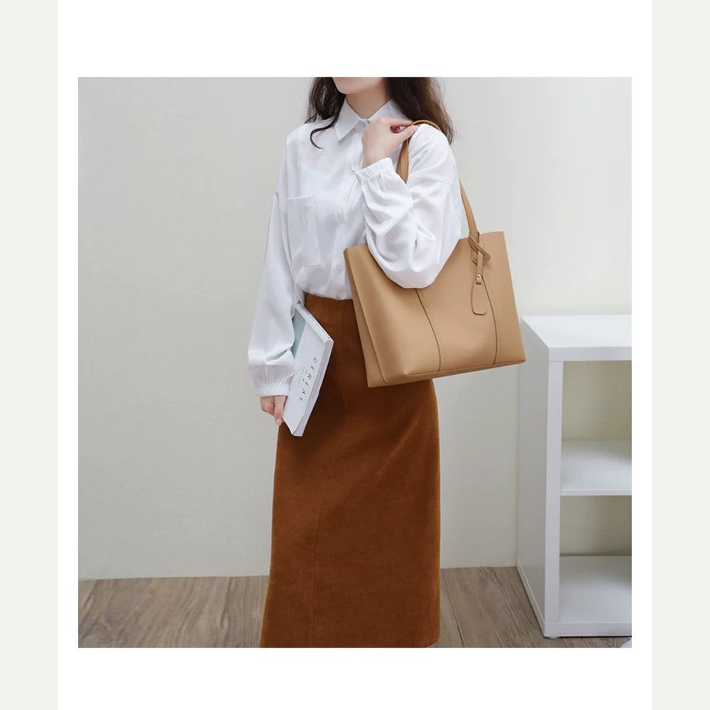 VINEY Reinforced Leather Commuter Tote Bag in apricot, lifestyle view