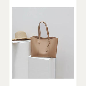 VINEY Reinforced Leather Commuter Tote Bag in apricot, studio view