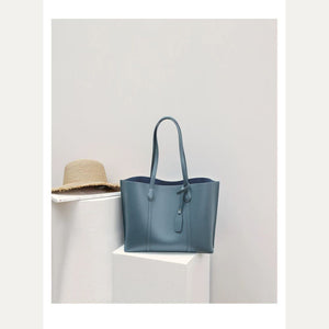 VINEY Reinforced Leather Commuter Tote Bag in blue, studio view