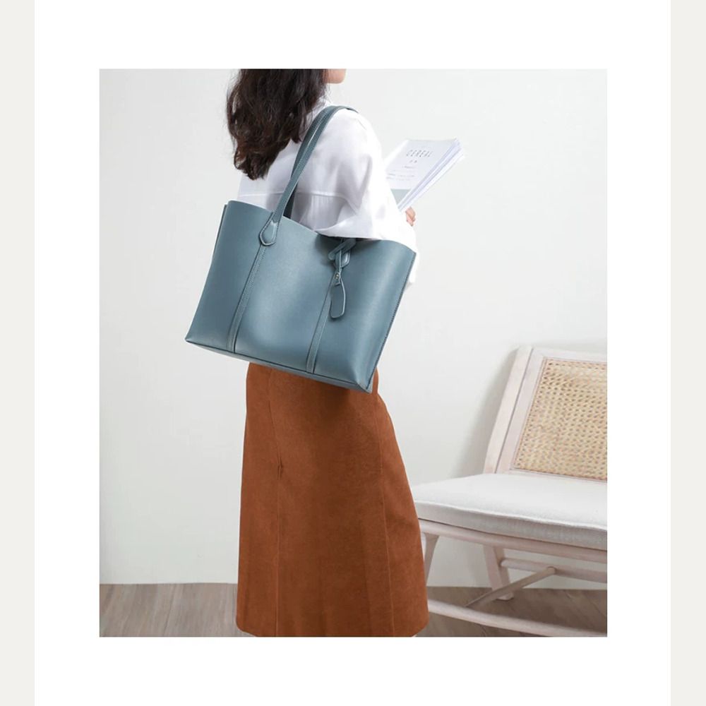VINEY Reinforced Leather Commuter Tote Bag in blue, lifestyle view
