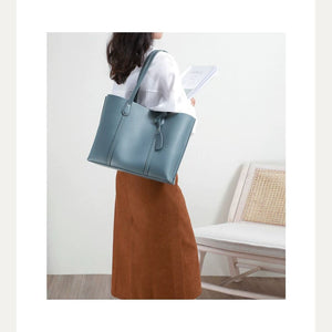 VINEY Reinforced Leather Commuter Tote Bag in blue, lifestyle view