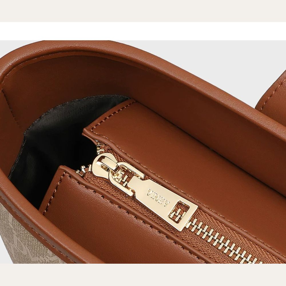 VINEY Rock Brown Monogram Commuter Tote Bag in brown, zip top detail