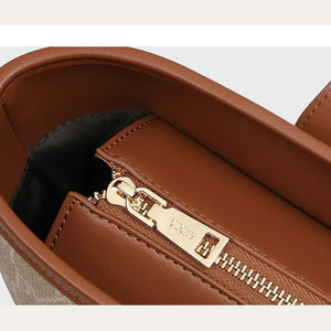VINEY Rock Brown Monogram Commuter Tote Bag in brown, zip top detail
