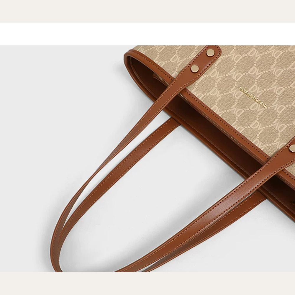 VINEY Rock Brown Monogram Commuter Tote Bag in brown, handle detail