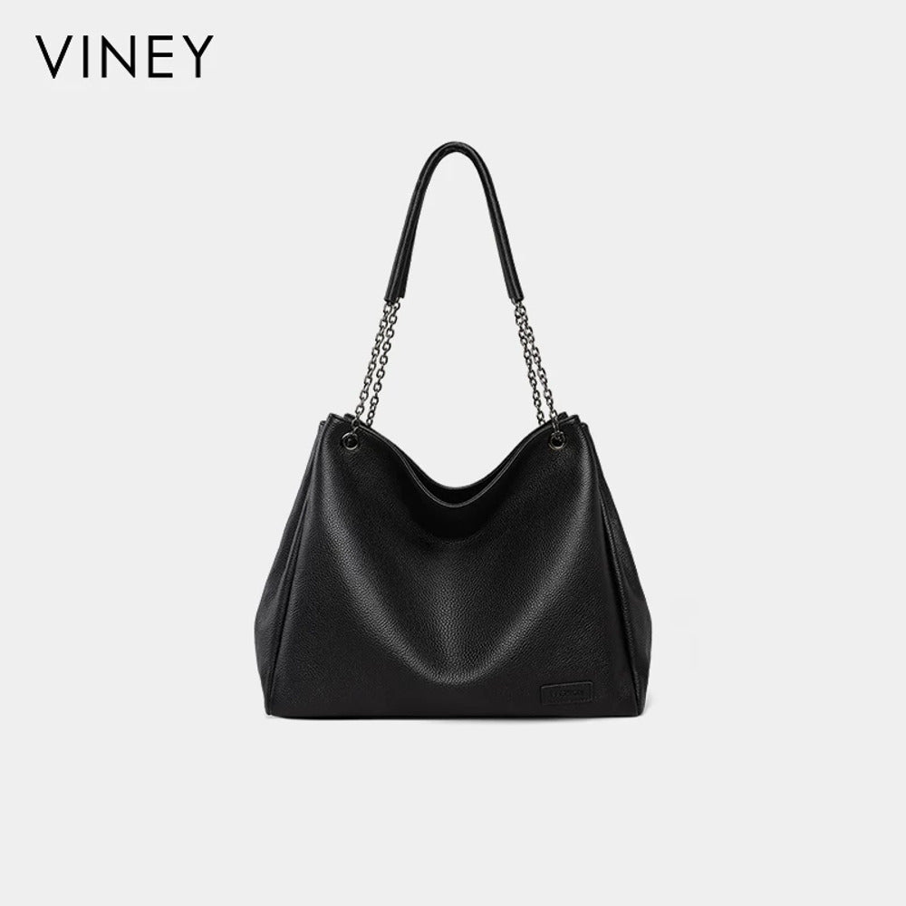 VINEY Soft Leather Chain-Handle Hobo Tote Bag in black