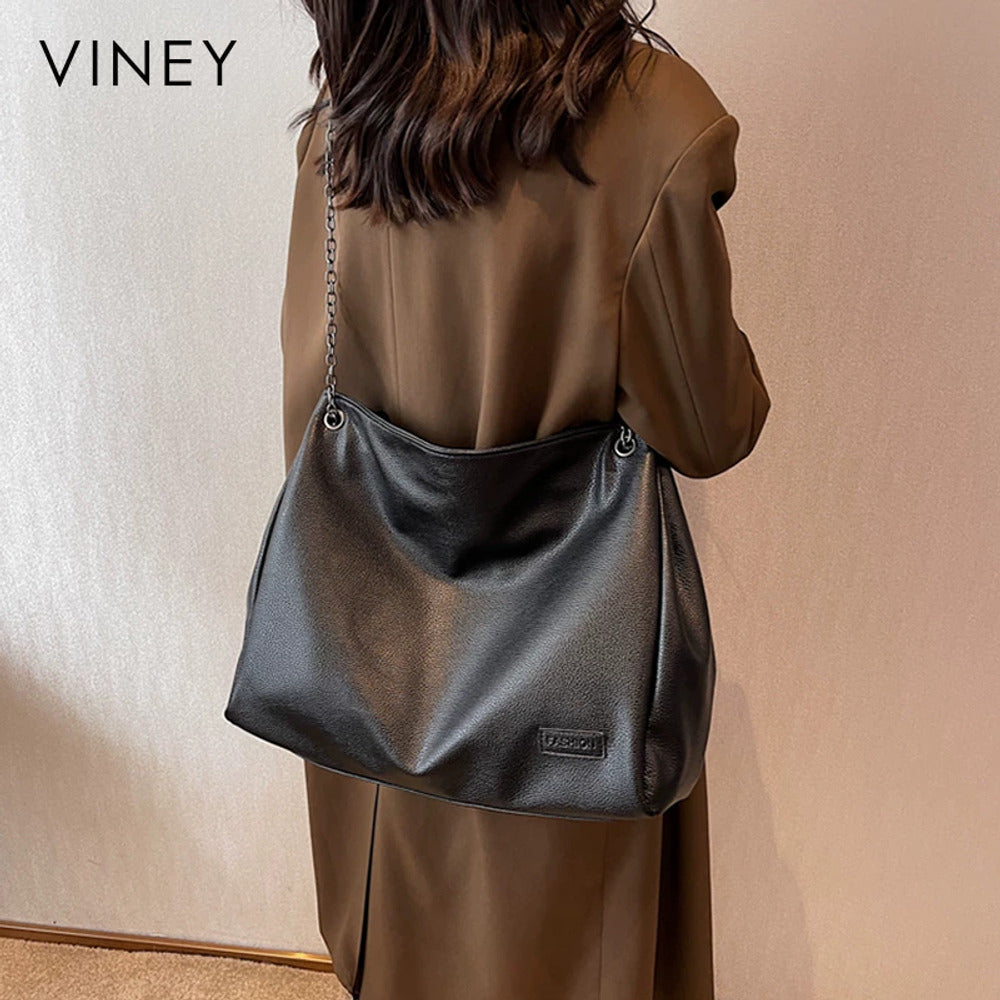 VINEY Soft Leather Chain-Handle Hobo Tote Bag, model back