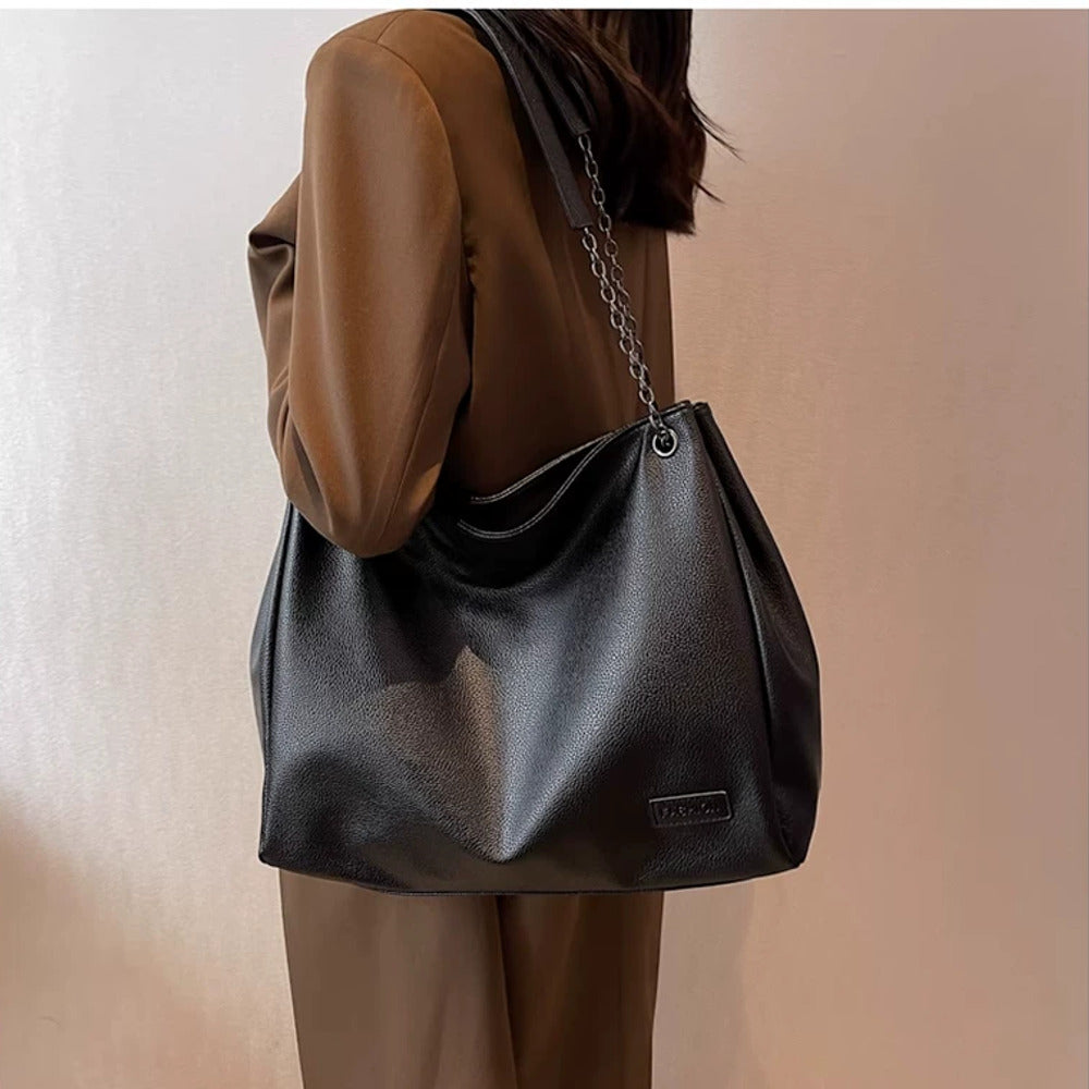 VINEY Soft Leather Chain-Handle Hobo Tote Bag, shoulder carry