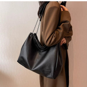VINEY Soft Leather Chain-Handle Hobo Tote Bag, side carry