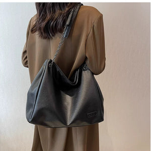 VINEY Soft Leather Chain-Handle Hobo Tote Bag, back carry