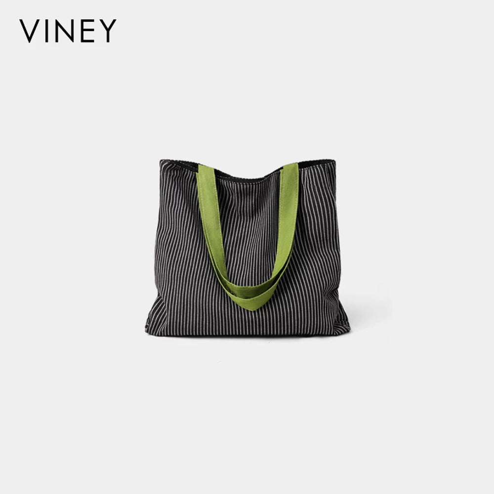 VINEY Striped Multi-Pocket Canvas Tote Bag in dark grey