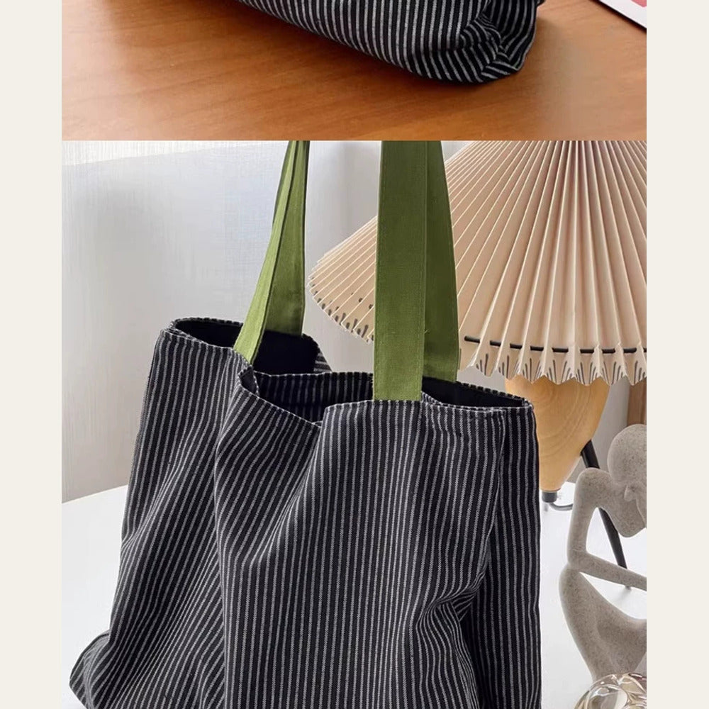 VINEY Striped Multi-Pocket Canvas Tote Bag, contrast handles