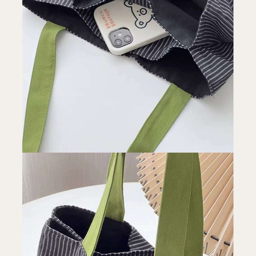VINEY Striped Multi-Pocket Canvas Tote Bag, roomy interior