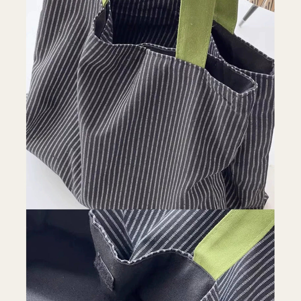 VINEY Striped Multi-Pocket Canvas Tote Bag, exterior pockets