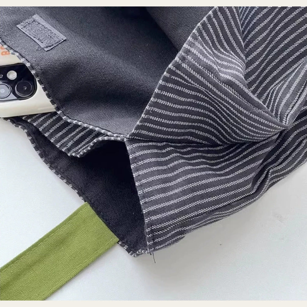 VINEY Striped Multi-Pocket Canvas Tote Bag, closure detail