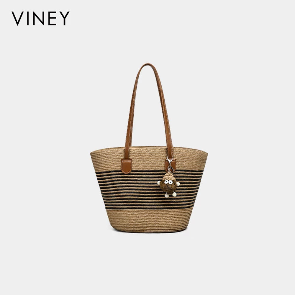 VINEY Striped Woven Beach and Commuter Tote Bag in dark brown