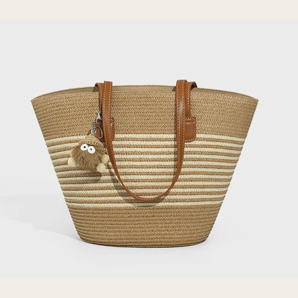 VINEY Striped Woven Beach and Commuter Tote Bag in brown
