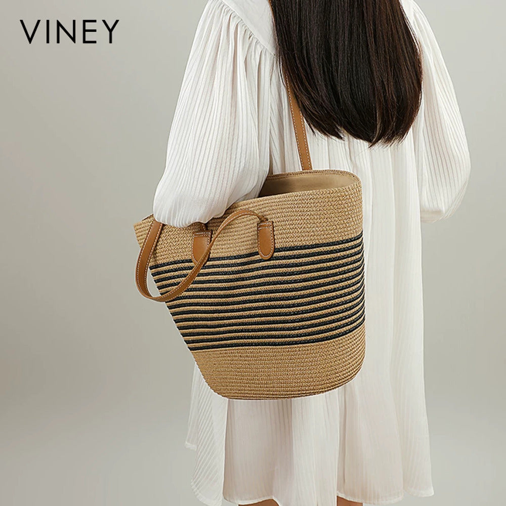VINEY Striped Woven Beach and Commuter Tote Bag, model carry
