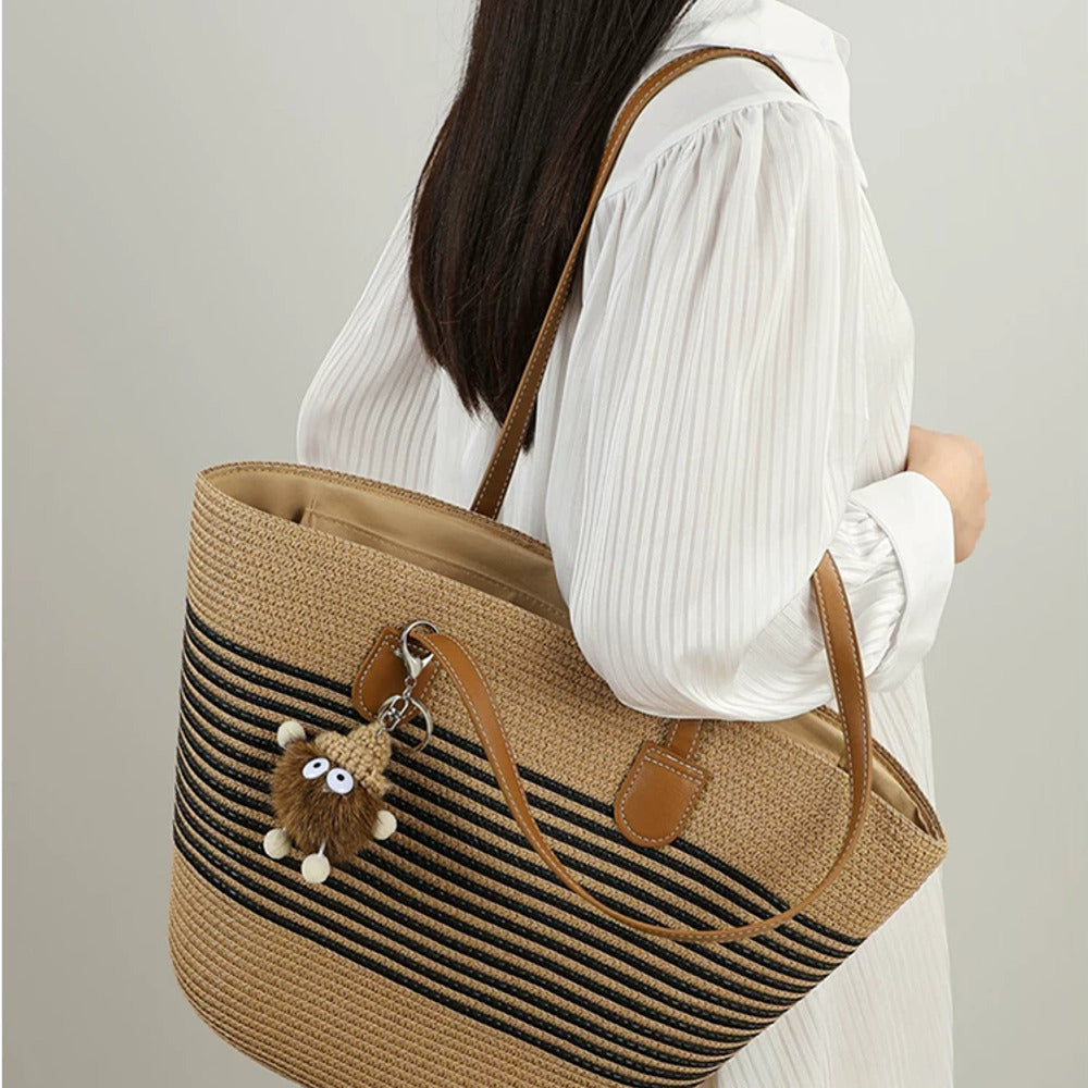 VINEY Striped Woven Beach and Commuter Tote Bag, shoulder view