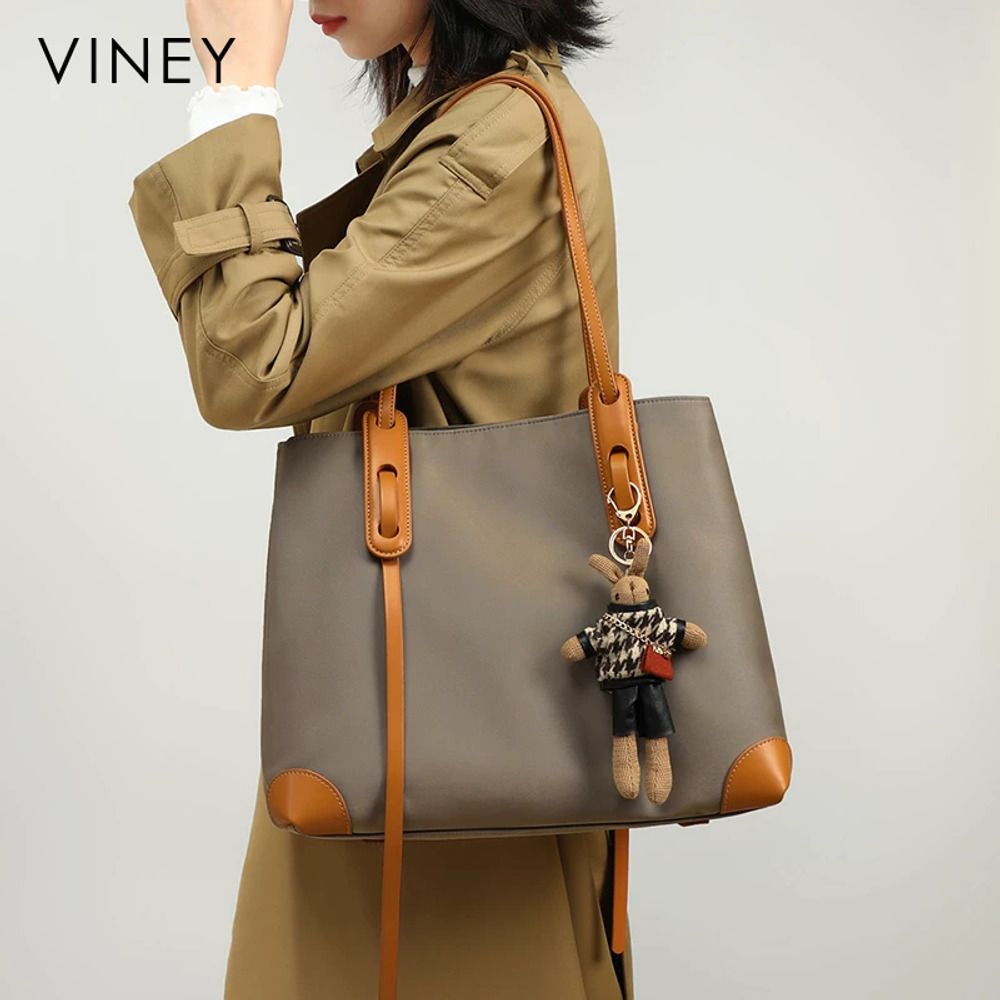 VINEY Structured Woven Commuter Tote Bag in khaki brown, shoulder carry