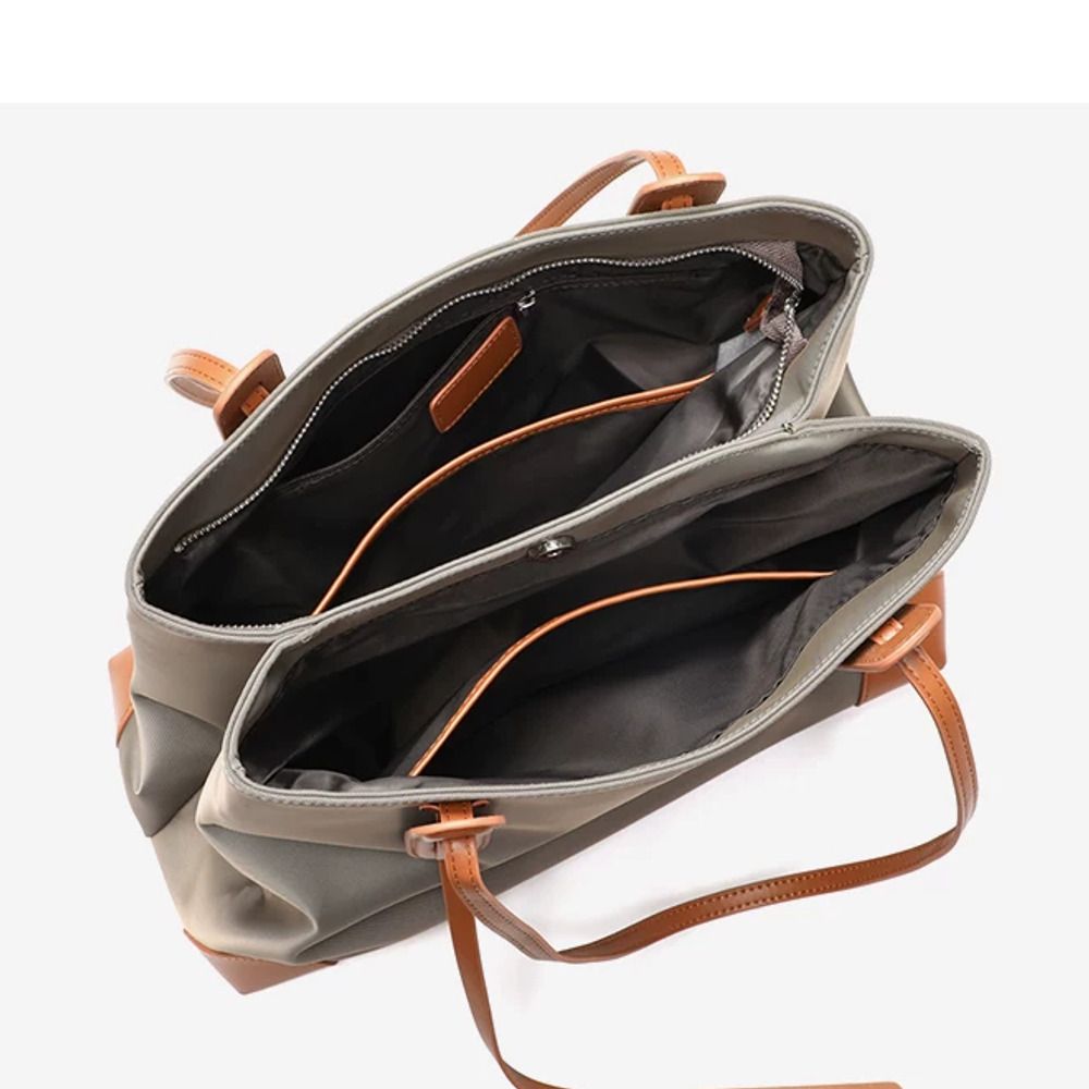 VINEY Structured Woven Commuter Tote Bag in khaki, organized interior