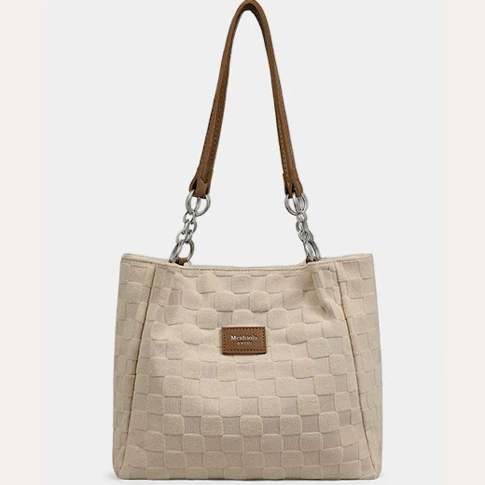 VINEY Textured Canvas Chain-Detail Tote Bag in white, front view