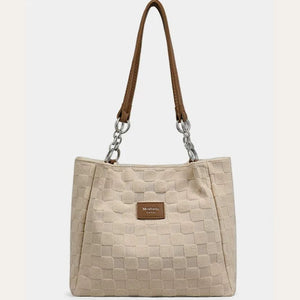 VINEY Textured Canvas Chain-Detail Tote Bag in white, front view
