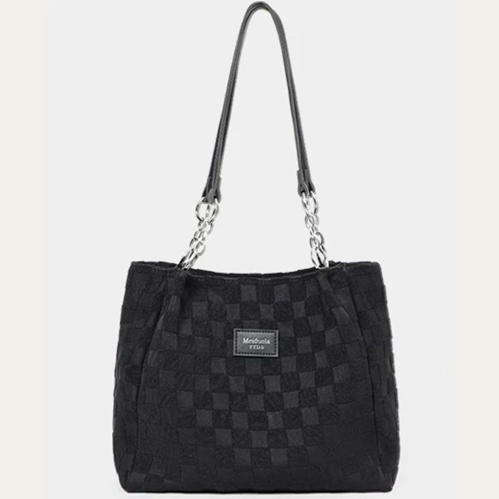 VINEY Textured Canvas Chain-Detail Tote Bag in black, front view